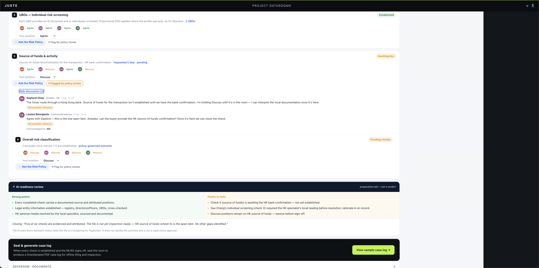 JUSTE governed dataroom showing source-of-funds review, risk-policy queries, attributed discussion, readiness review and case-log generation